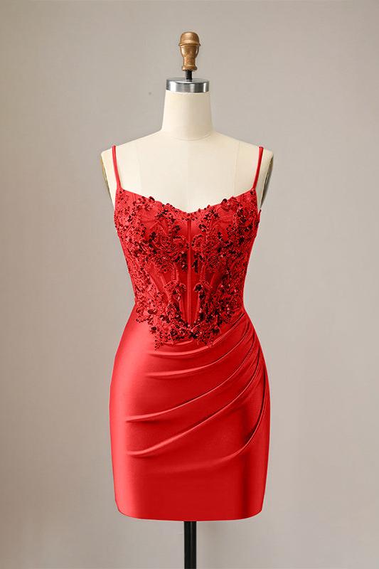 Suzhoufashion Sparkly Glitter Spaghetti Straps Sequins Pleated Corset Homecoming Dress