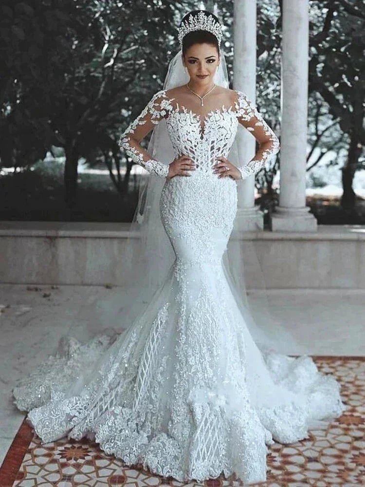 Sparkly Lace Wedding Dress Mermaid Illusion Bodice vestido de noiva Long Sleeve Sheer Neck Appliques Bridal Gowns 2022 Spring (ZD13321) - VelvetHem