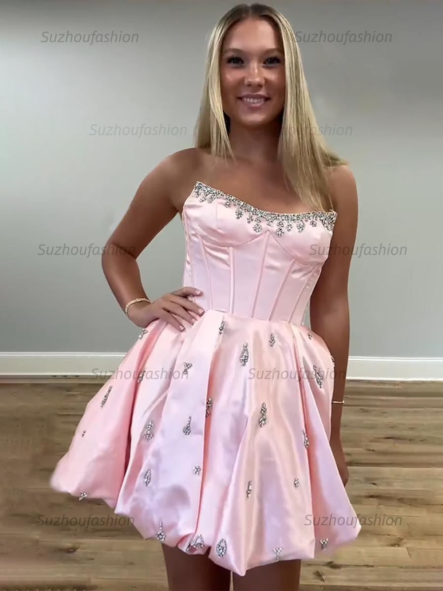 Suzhoufashion Sparkly Satin A Line Short Corset Homecoming Dress with Rhinestones