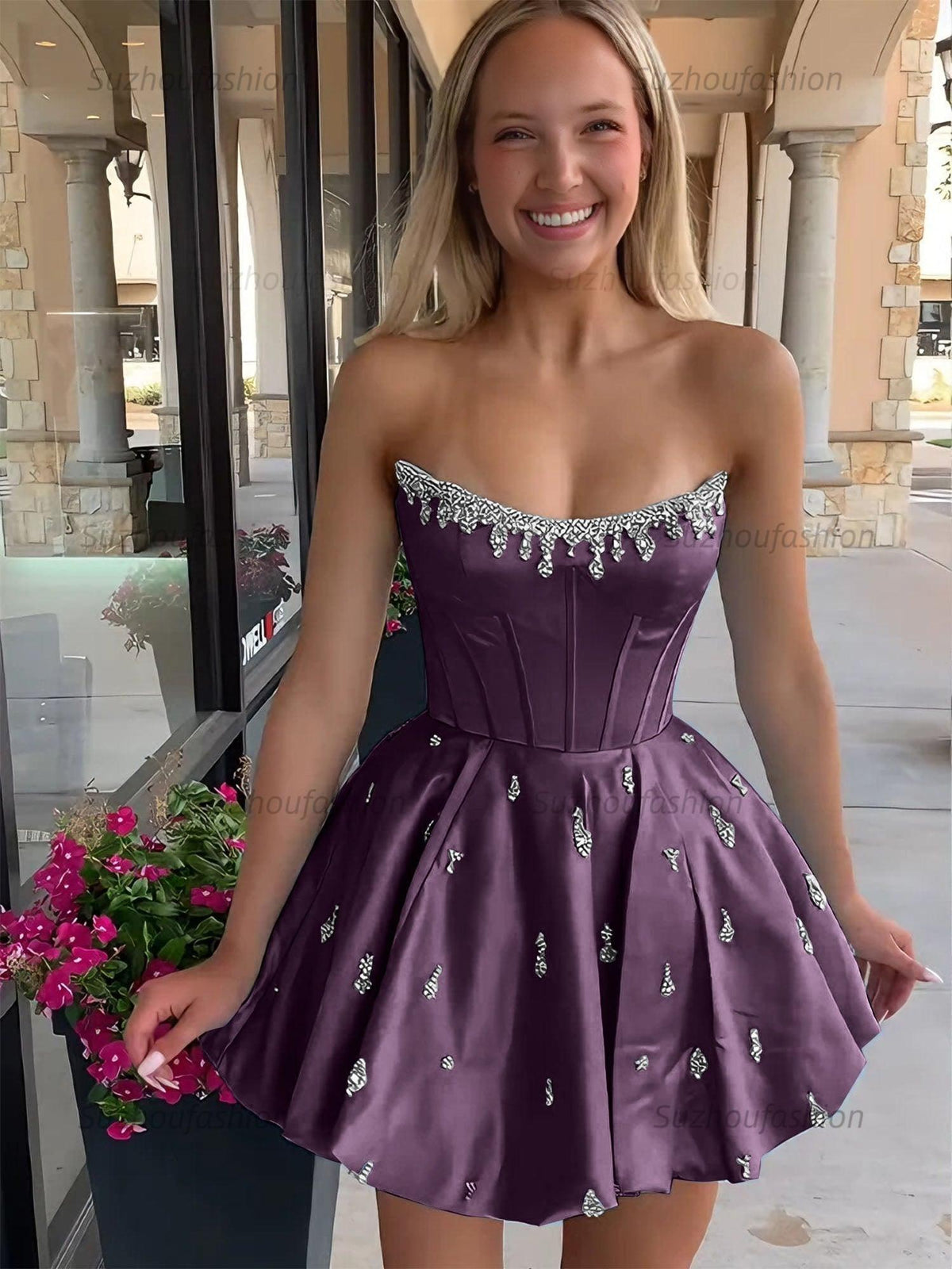 Suzhoufashion Sparkly Satin A Line Short Corset Homecoming Dress with Rhinestones