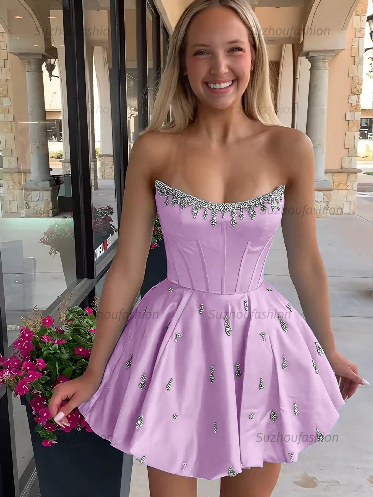 Suzhoufashion Sparkly Satin A Line Short Corset Homecoming Dress with Rhinestones