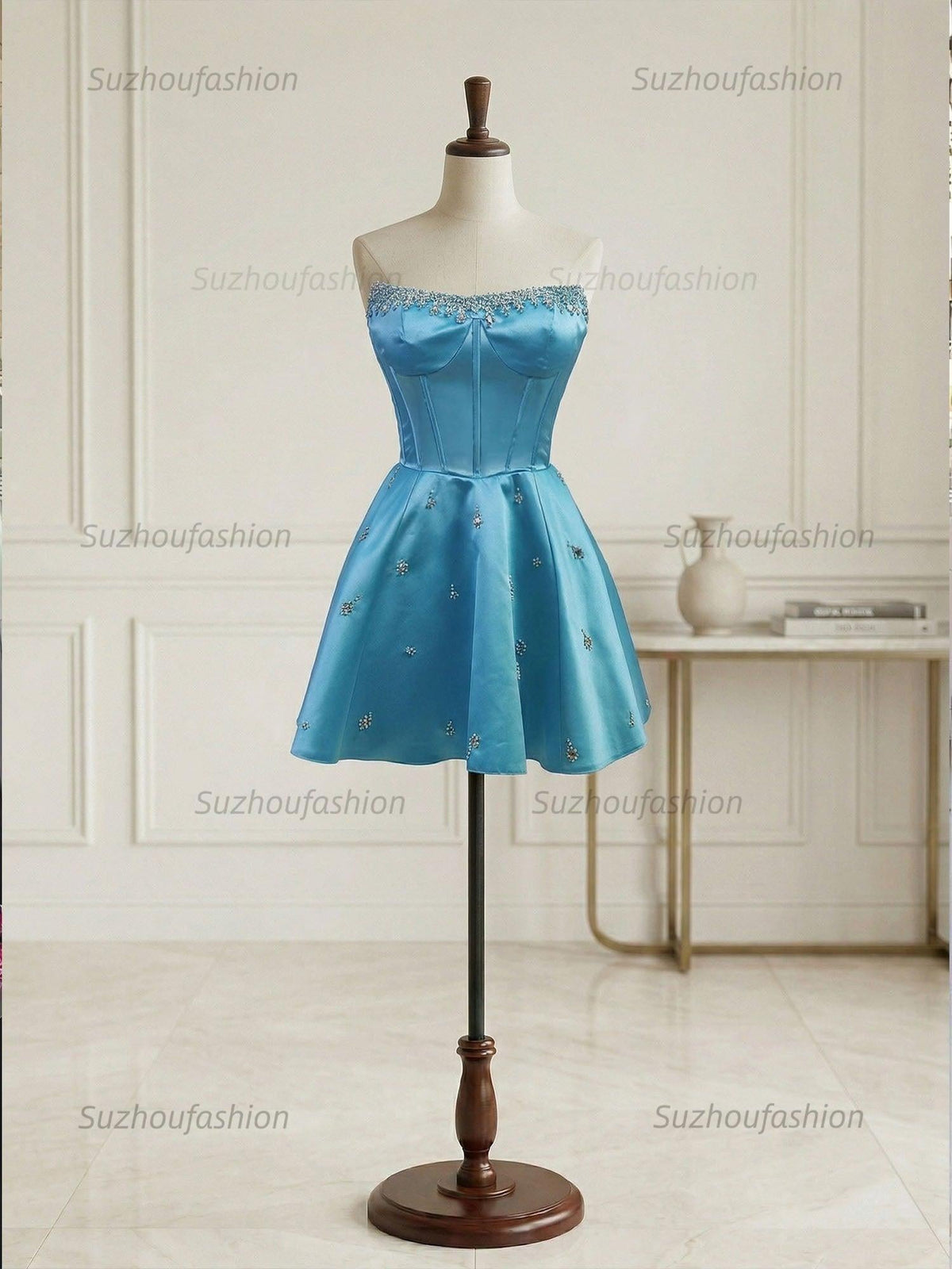 Suzhoufashion Sparkly Satin A Line Short Corset Homecoming Dress with Rhinestones