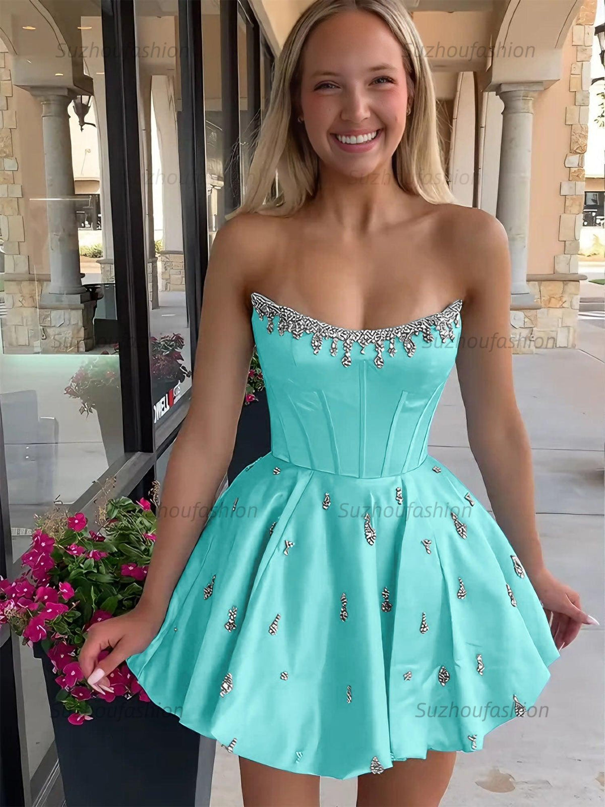 Suzhoufashion Sparkly Satin A Line Short Corset Homecoming Dress with Rhinestones