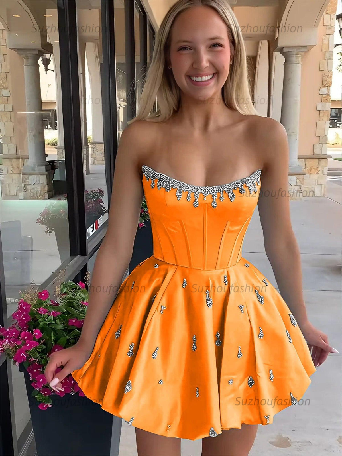 Suzhoufashion Sparkly Satin A Line Short Corset Homecoming Dress with Rhinestones