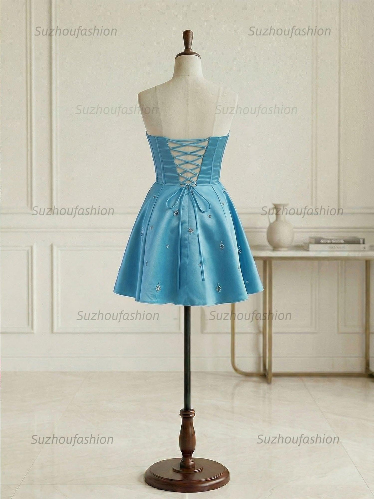Suzhoufashion Sparkly Satin A Line Short Corset Homecoming Dress with Rhinestones
