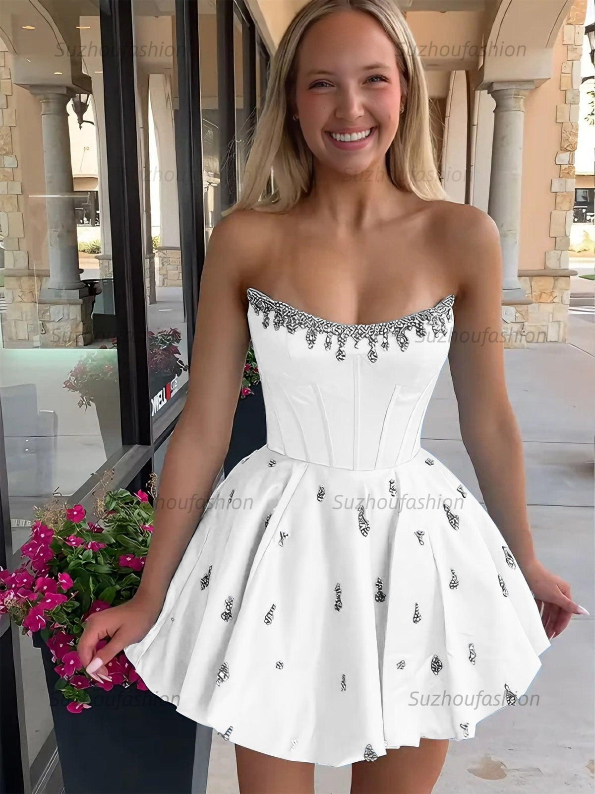 Suzhoufashion Sparkly Satin A Line Short Corset Homecoming Dress with Rhinestones