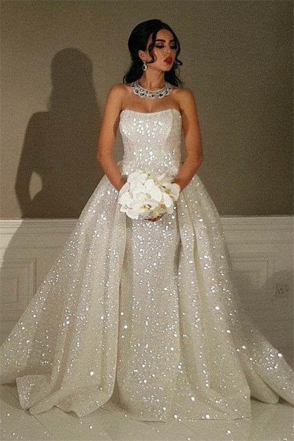 Sparkly Sequins Overskirt Wedding Dresses  | Strapless Luxury Sexy Bride Dresses Online