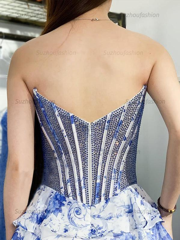 Suzhoufashion Sparkly Strapless Beadeds Floral Print Tiered Homecoming Dress