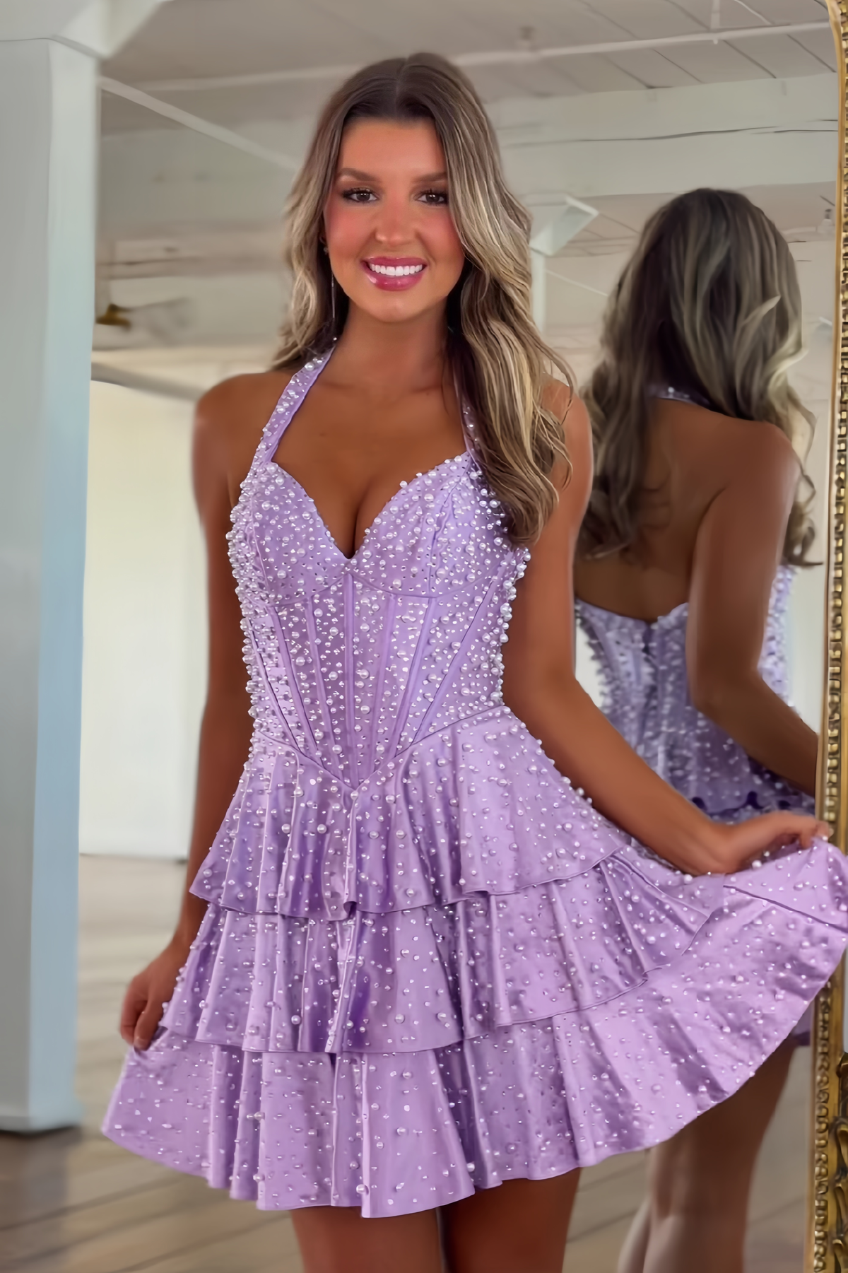 Sparkly A Line Halter Neck Purple Corset Homecoming Dress with Pearls