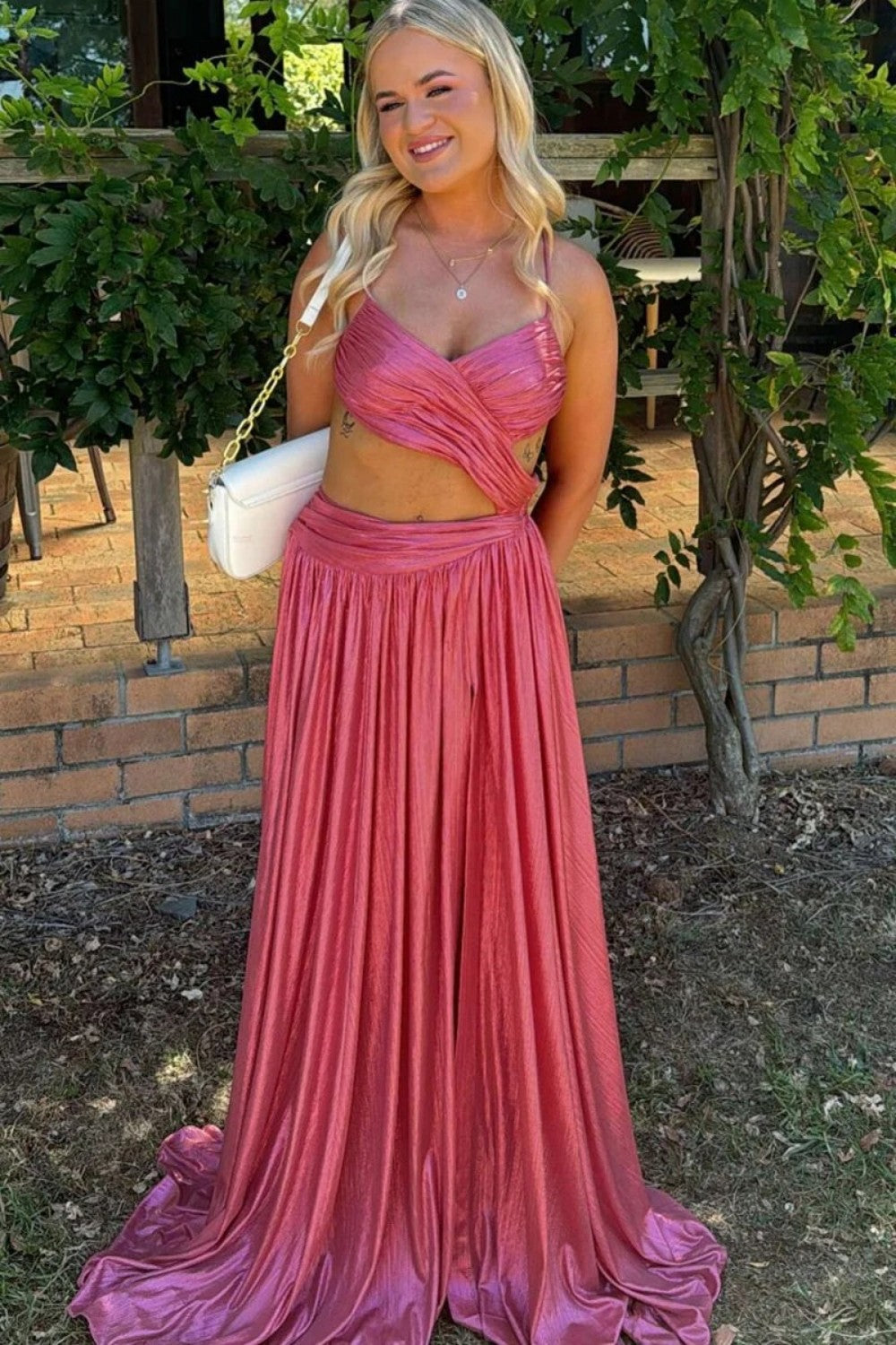 Sparkly A Line Spaghetti Straps Hot Pink Long Prom Dress with Criss Cross Back - View 3 | VelvetHem