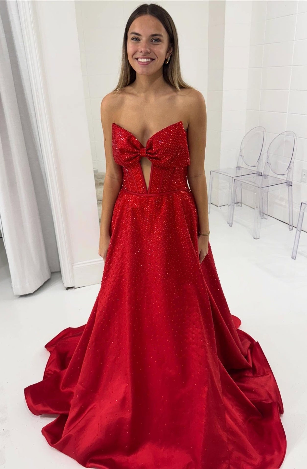 Sparkly A Line Sweetheart Red Corset Prom Dress with Beading