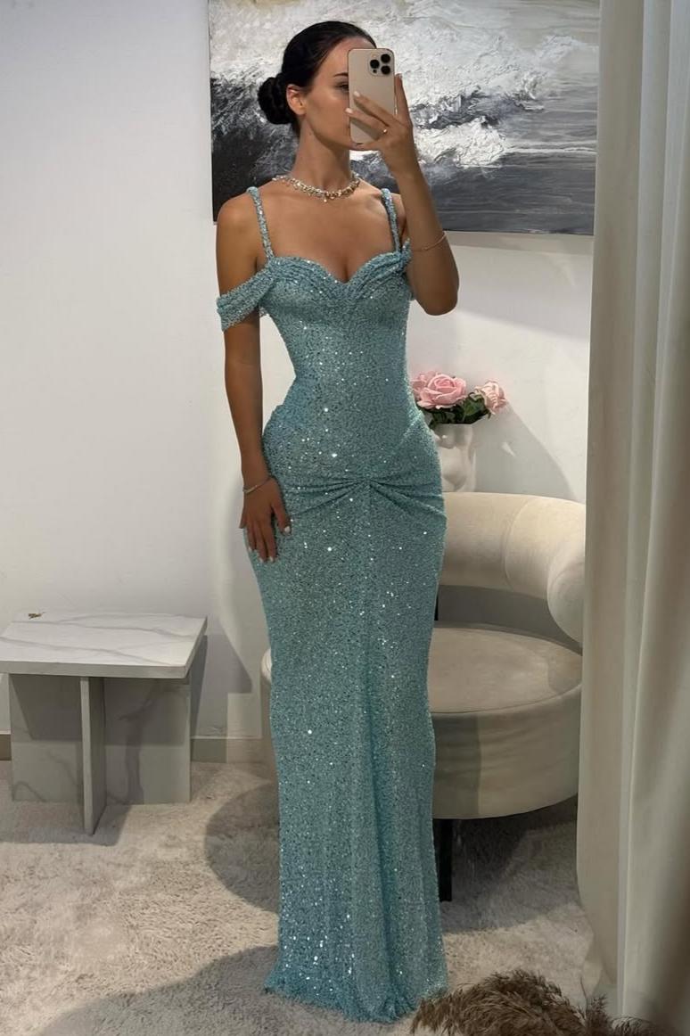 Sparkly Aqua Blue Off-Shoulder Long Beaded Prom Gown with Slender Straps - View 2 | VelvetHem