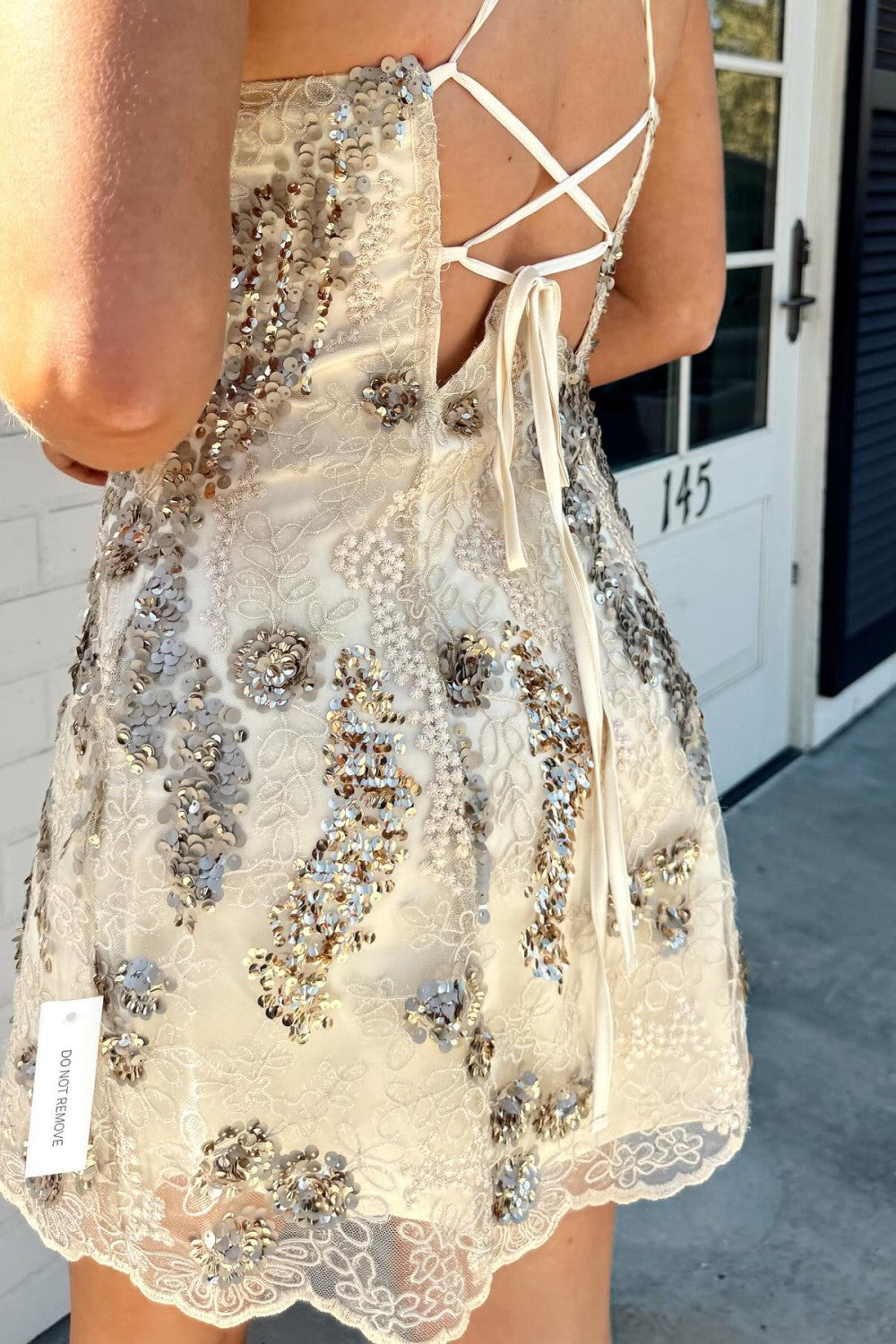 Sparkly Champagne Lace Homecoming Dress with Beaded Flowers and Cutout Bust