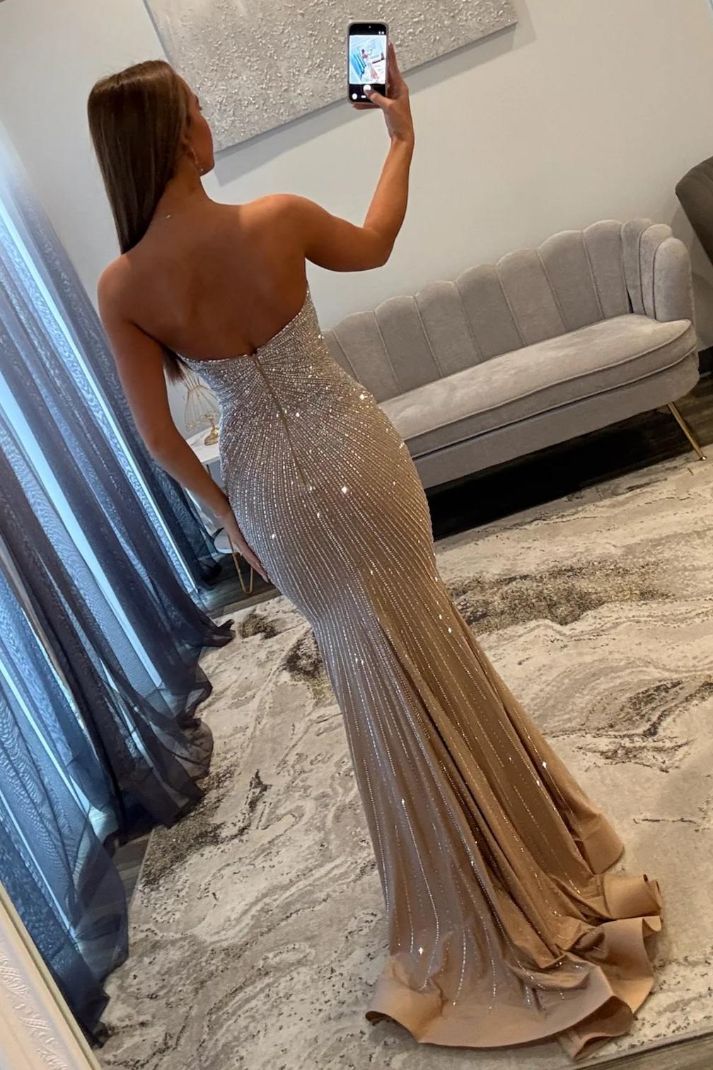 Luxurious Mermaid Sweetheart Champagne Long Prom Dress with Beading - View 2 | VelvetHem