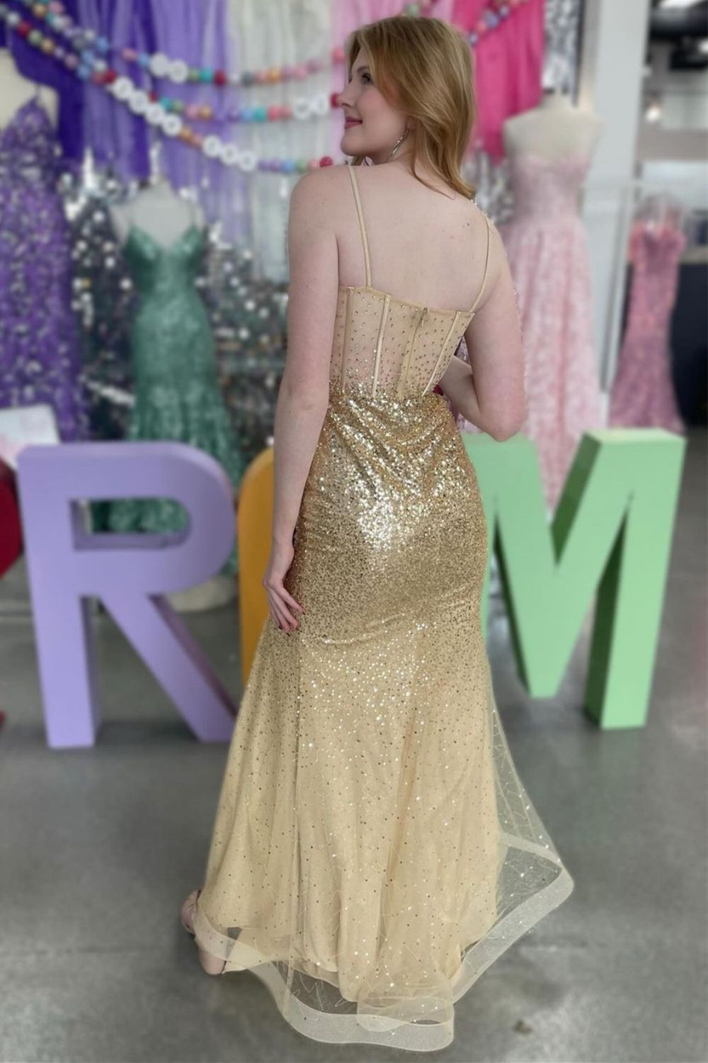 Sparkly Gold Mermaid Spaghetti Straps Long Prom Dress With Split - View 2 | VelvetHem