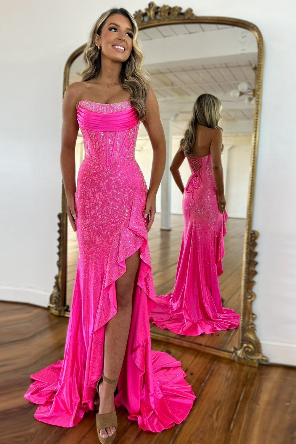 Sparkly Hot Pink Mermaid Strapless Long Beaded Prom Dress with Slit - VelvetHem
