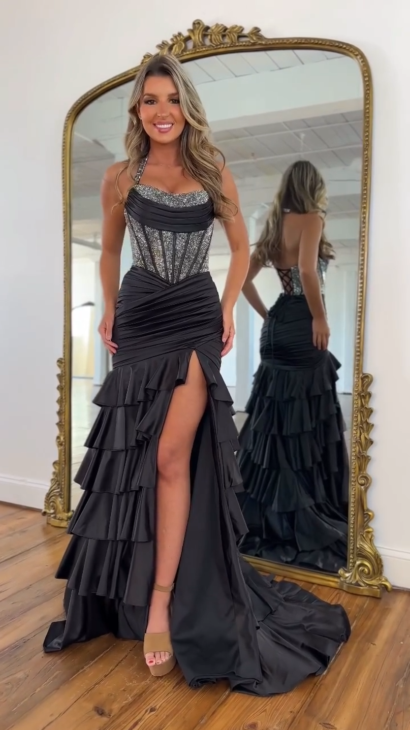 Sparkly Mermaid Halter Neck Black Corset Prom Dress with Beading Ruffles - VelvetHem