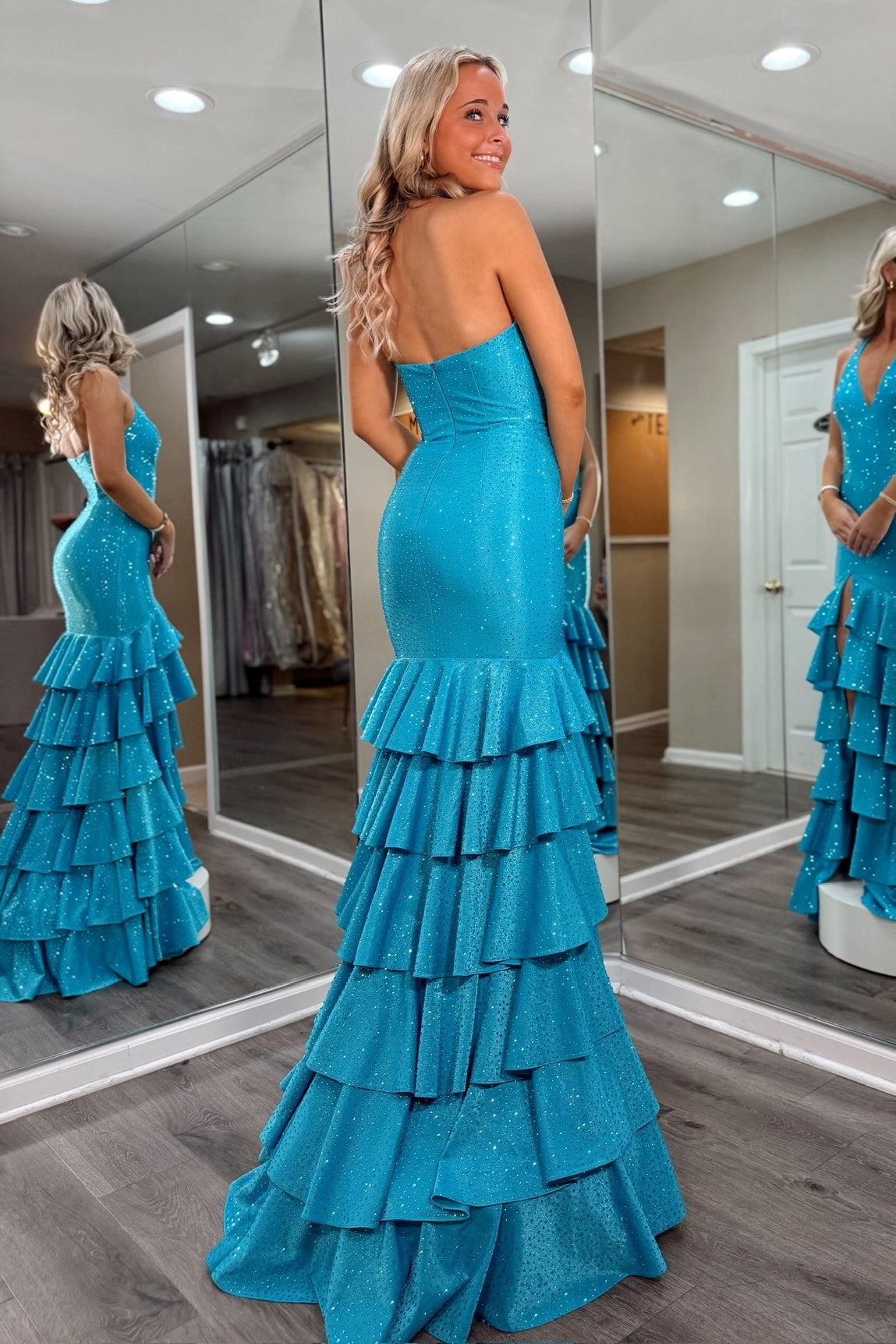 Sparkly Mermaid Halter Neck Blue Long Prom Dress with Beading Ruffles