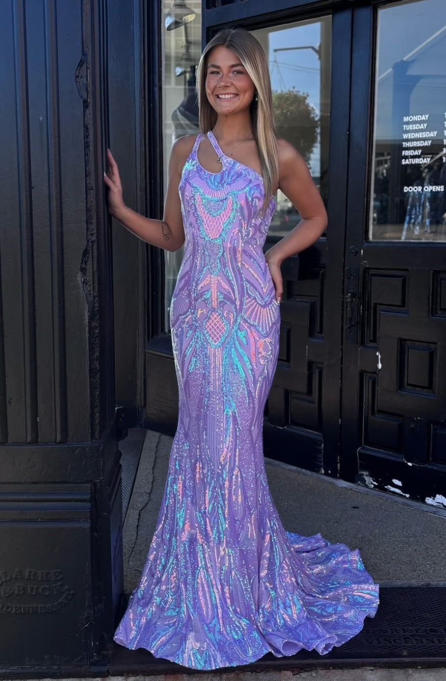 Sparkly Mermaid One Shoulder Lilac Sequins Long Prom Dress with Keyhole - VelvetHem