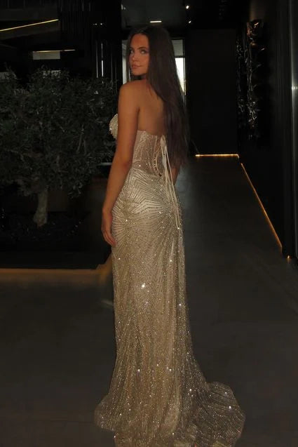 Stunning Mermaid Sweetheart Silver Corset Prom Dress with Beading