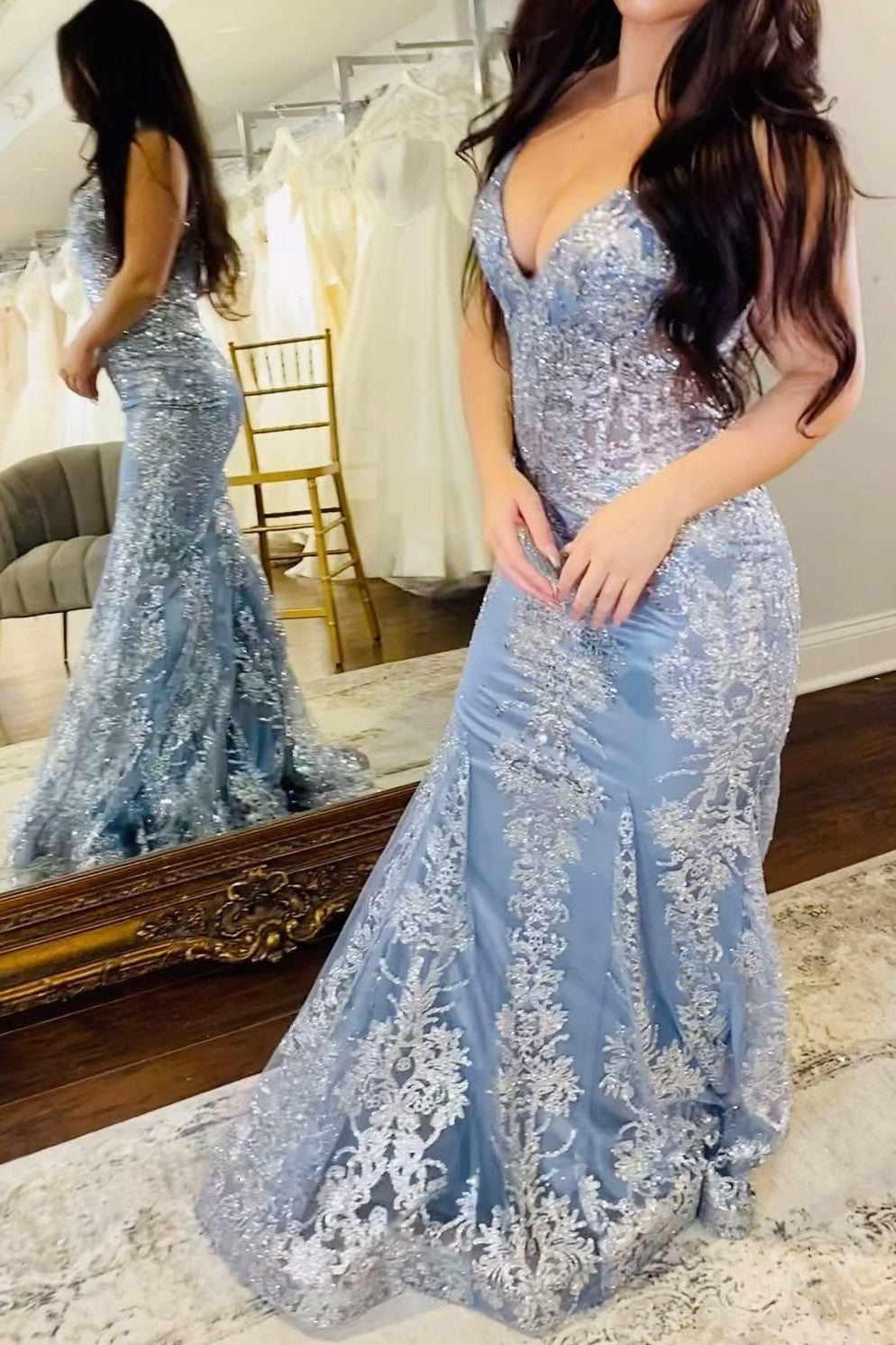 Sparkly Mermaid Spaghetti Straps Zipper Back Long Prom Dress - View 3 | VelvetHem