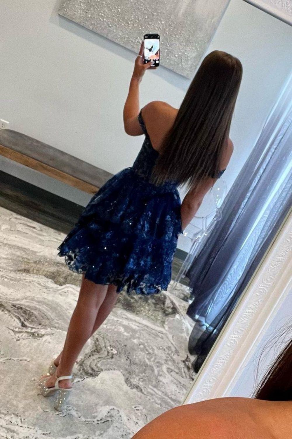 Sparkly Navy A-Line Short Tiered Homecoming Dress With Appliques - View 2 | VelvetHem