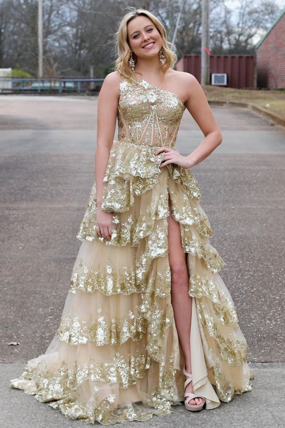 Sparkly Navy One Shoulder A-Line Sweep Train Tiered Prom Dress with Split - View 3 | VelvetHem