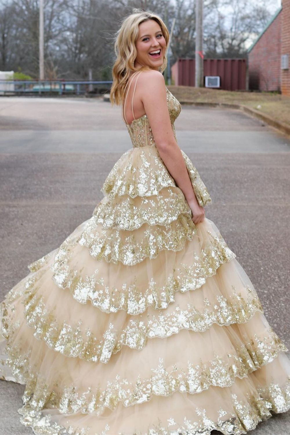 Sparkly Navy One Shoulder A-Line Sweep Train Tiered Prom Dress with Split - View 4 | VelvetHem