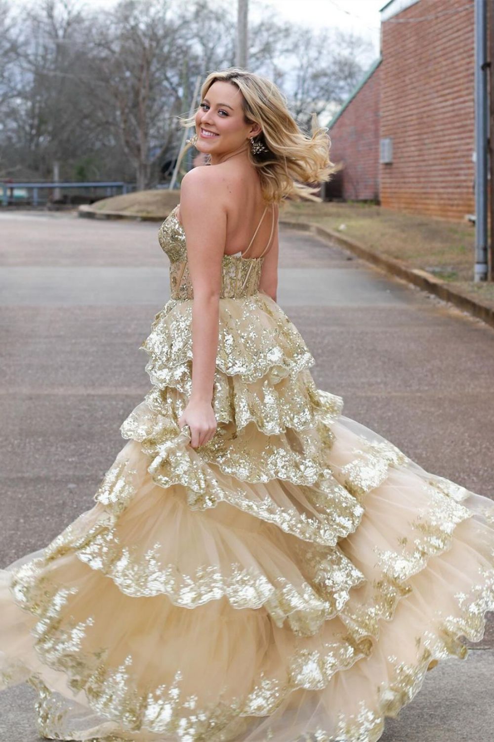 Sparkly Navy One Shoulder A-Line Sweep Train Tiered Prom Dress with Split - View 5 | VelvetHem