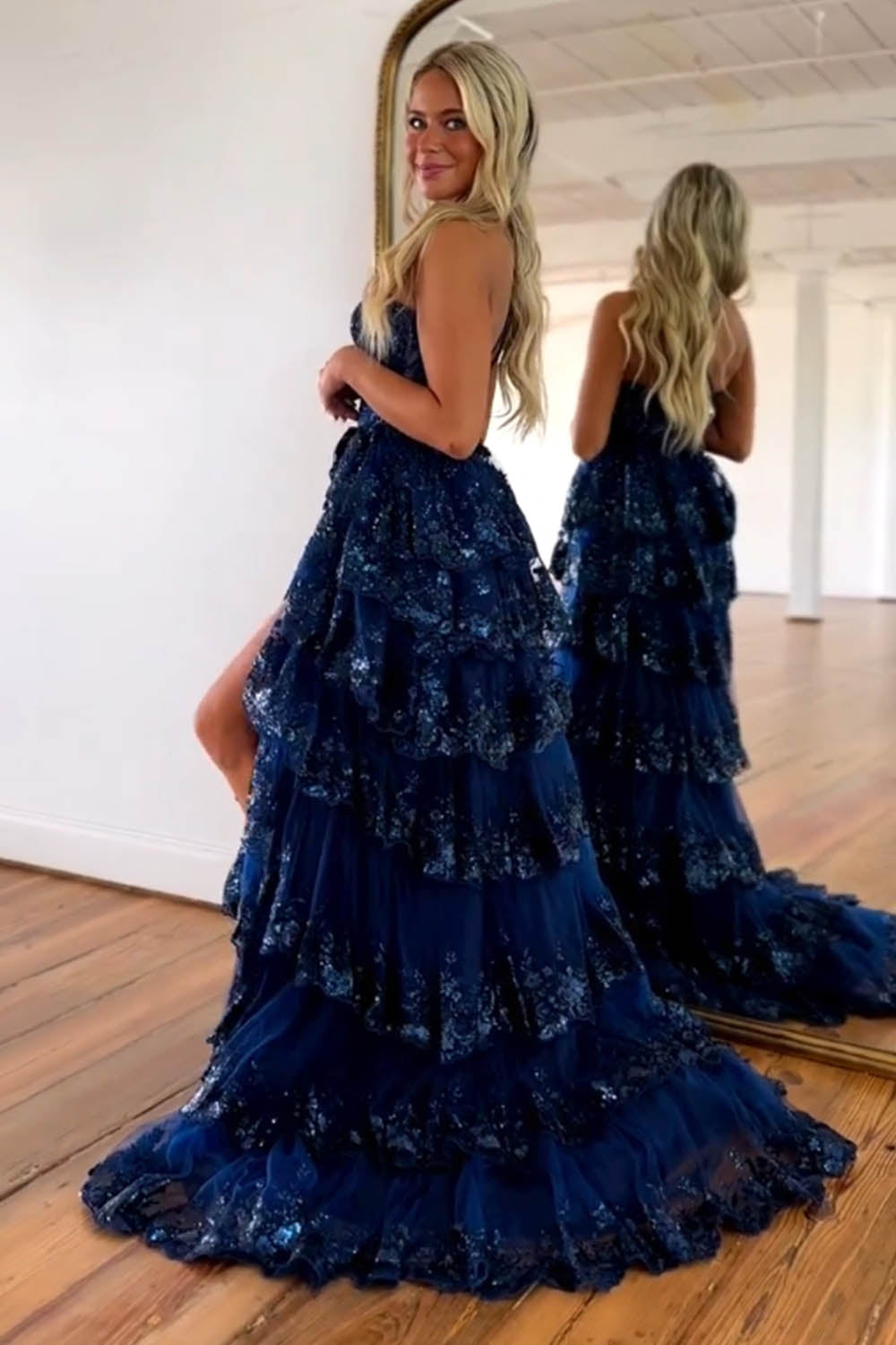 Sparkly Navy One Shoulder A-Line Sweep Train Tiered Prom Dress with Split - View 2 | VelvetHem