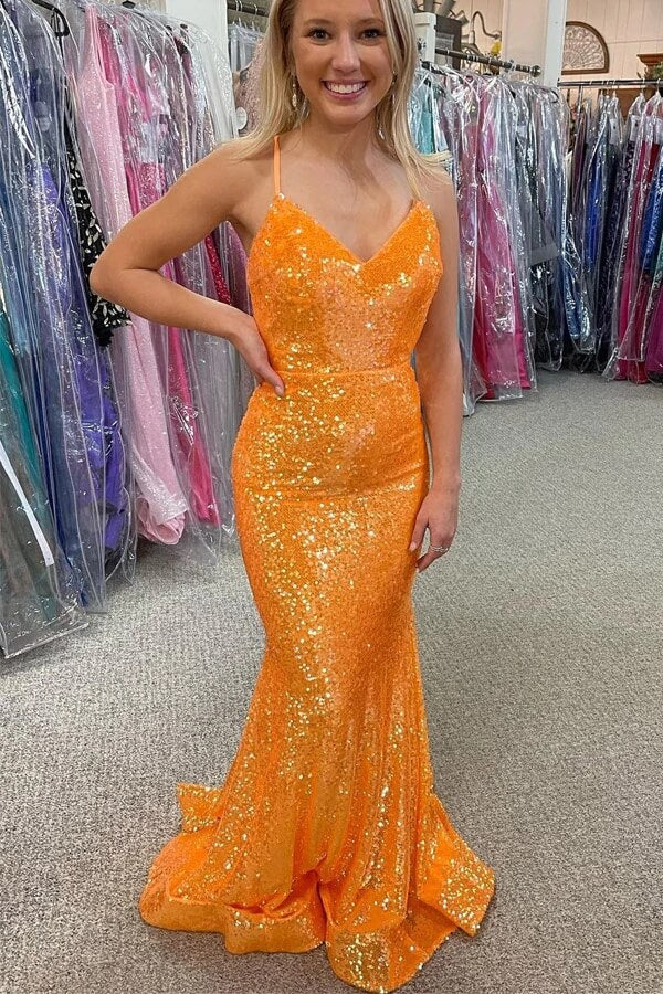 Sparkly Orange Sequins Mermaid V-neck Prom Dresses, Long Formal Dress