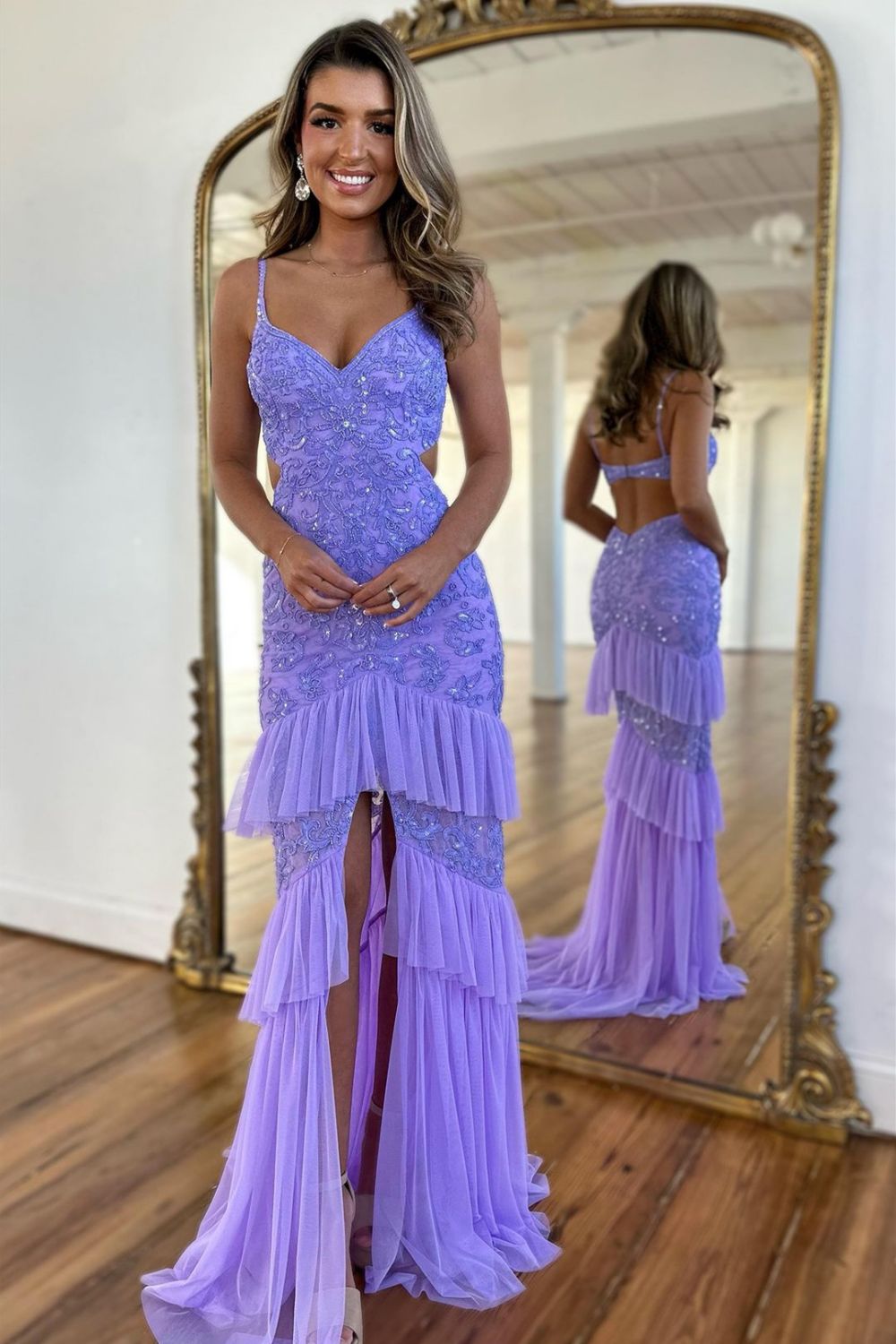 Sparkly Purple Mermaid Spaghetti Straps Long Tiered Prom Dress With Slit - View 2 | VelvetHem