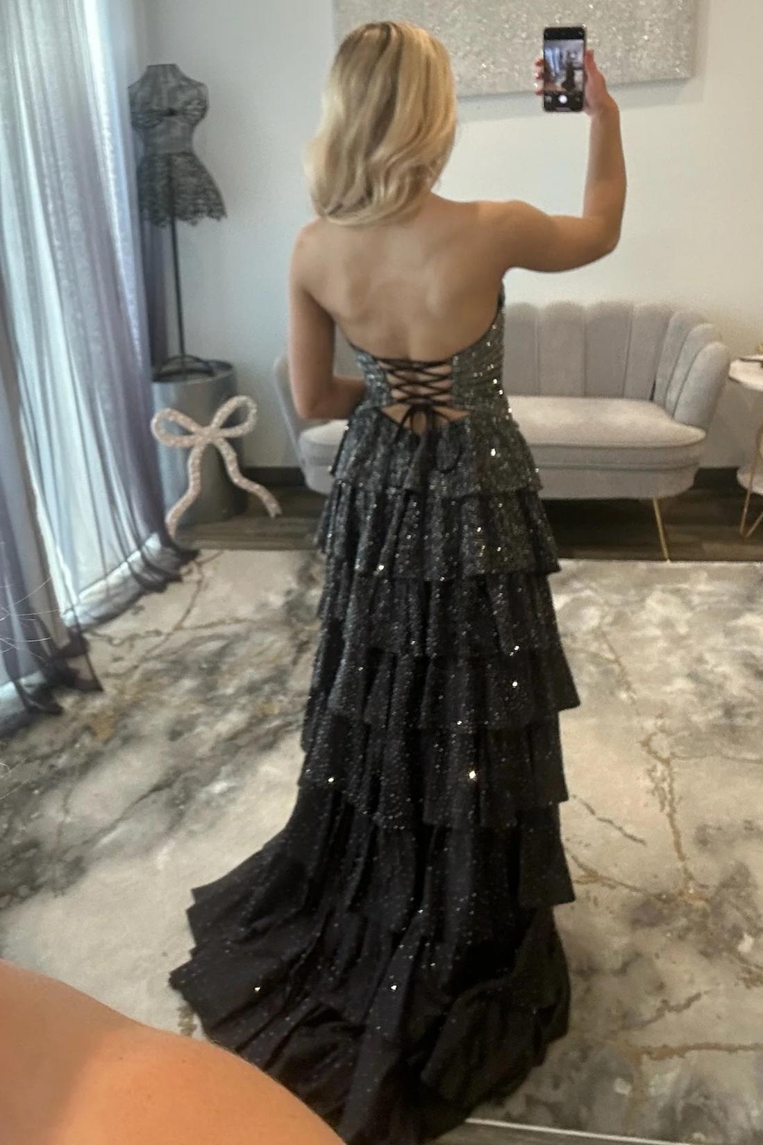 Sparkly A Line Sweetheart Black Long Prom Dress with Beading Ruffles - View 2 | VelvetHem