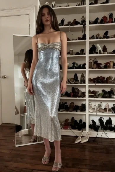 Stylish Sheath Spaghetti Straps Silver Sequins Tea Length Party Dress