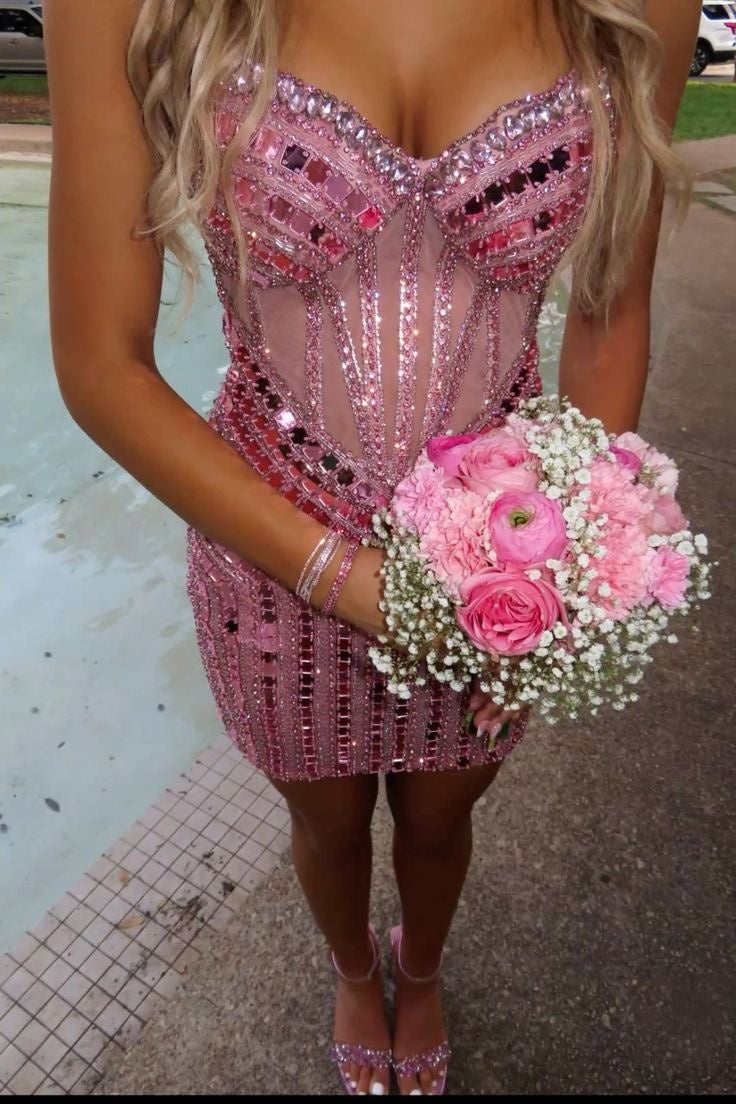 Sparkly Sheath Sweetheart Pink Short Homecoming Dress with Beading