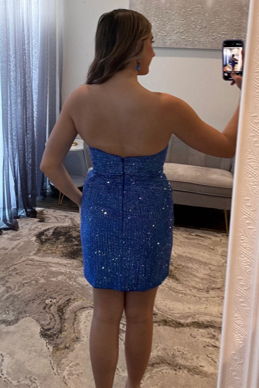 Glitter Black Bodycon Straps Short Tight Beaded Homecoming Dress - View 9 | VelvetHem