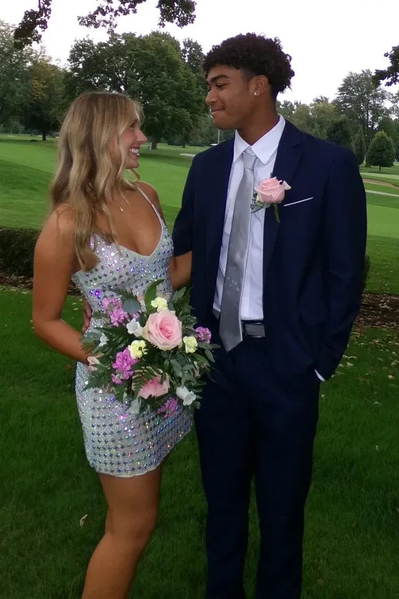 Sparkly A Line Spaghetti Straps Silver Short Homecoming Dress with Beading