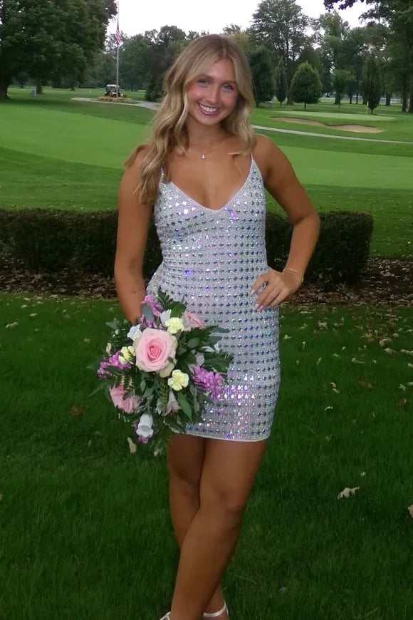 Sparkly A Line Spaghetti Straps Silver Short Homecoming Dress with Beading
