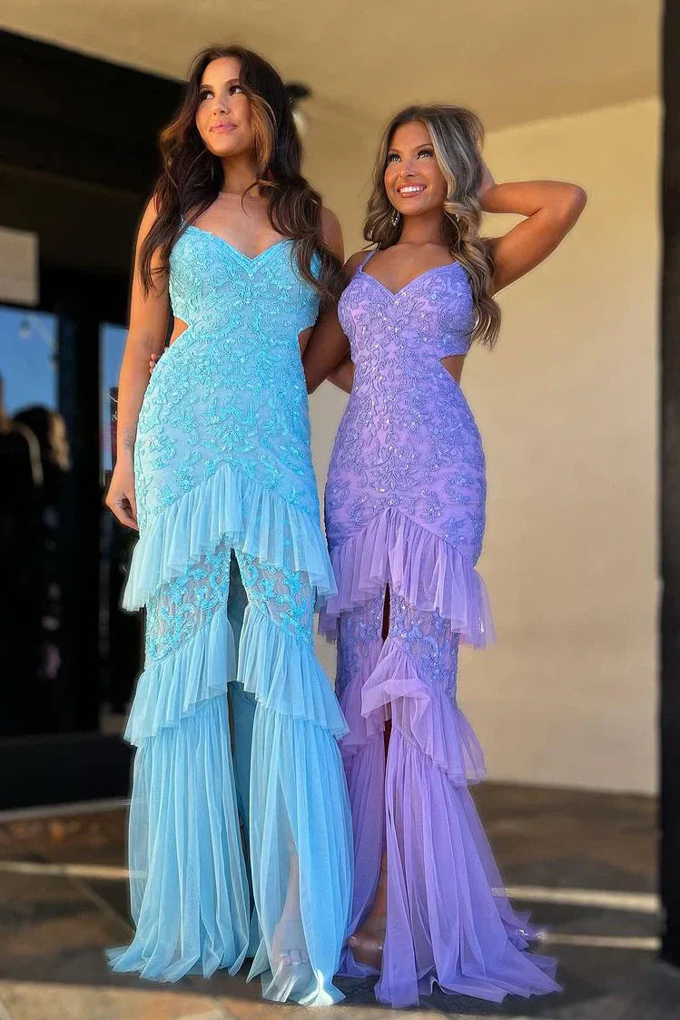 Lavender Sequin Mermaid Spaghetti Straps Sweep Train Prom Dress With Slit