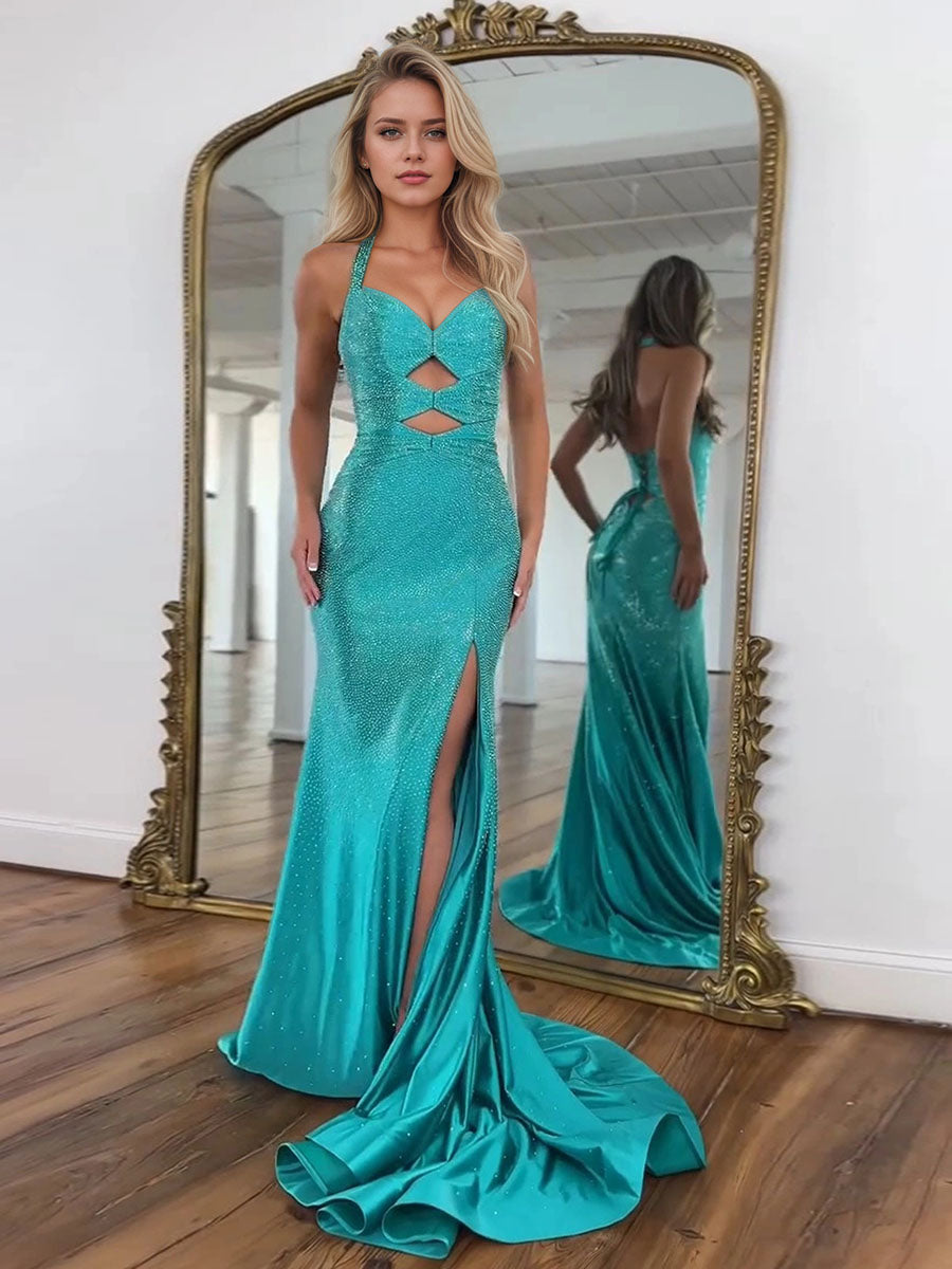 Sparkly Mermaid Keyhole Long Beaded Prom Dress with Slit