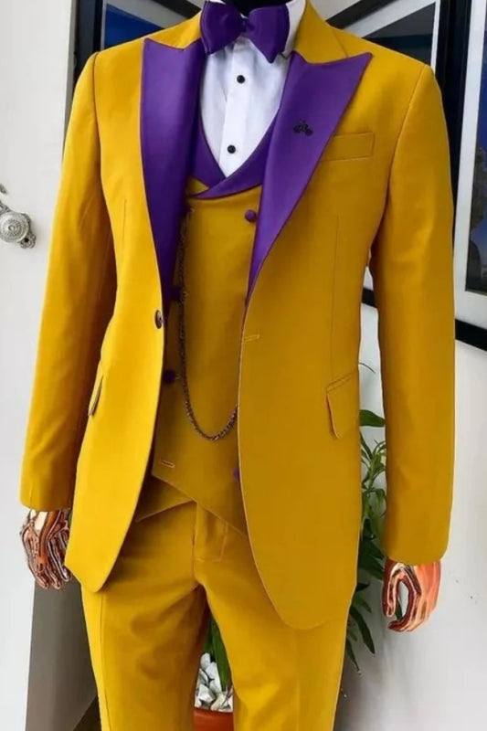 Special Gold 3 Piece Prom Suit with Purple Lapel