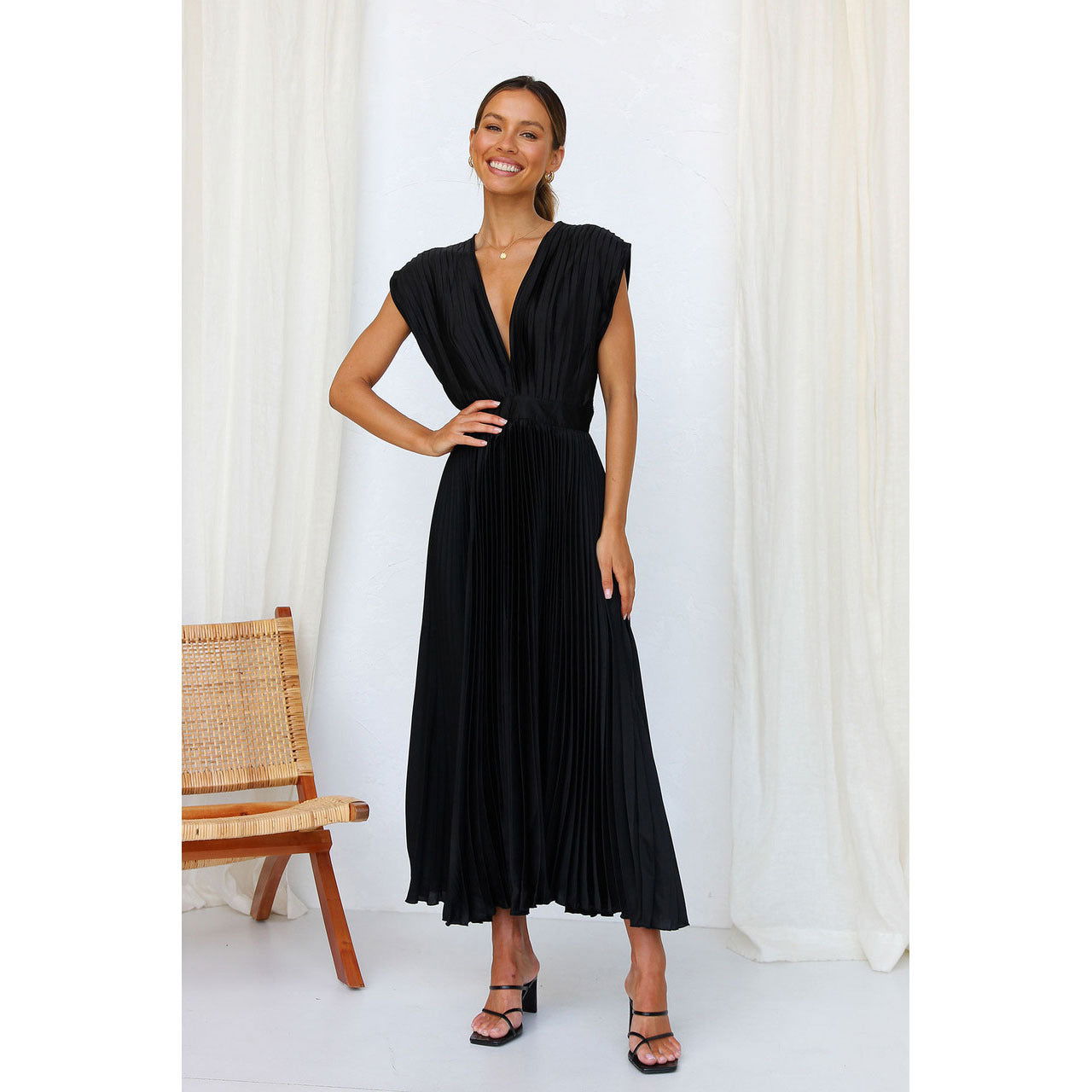 Pleated Dress Casual Loose Zip Sleeveless Dress