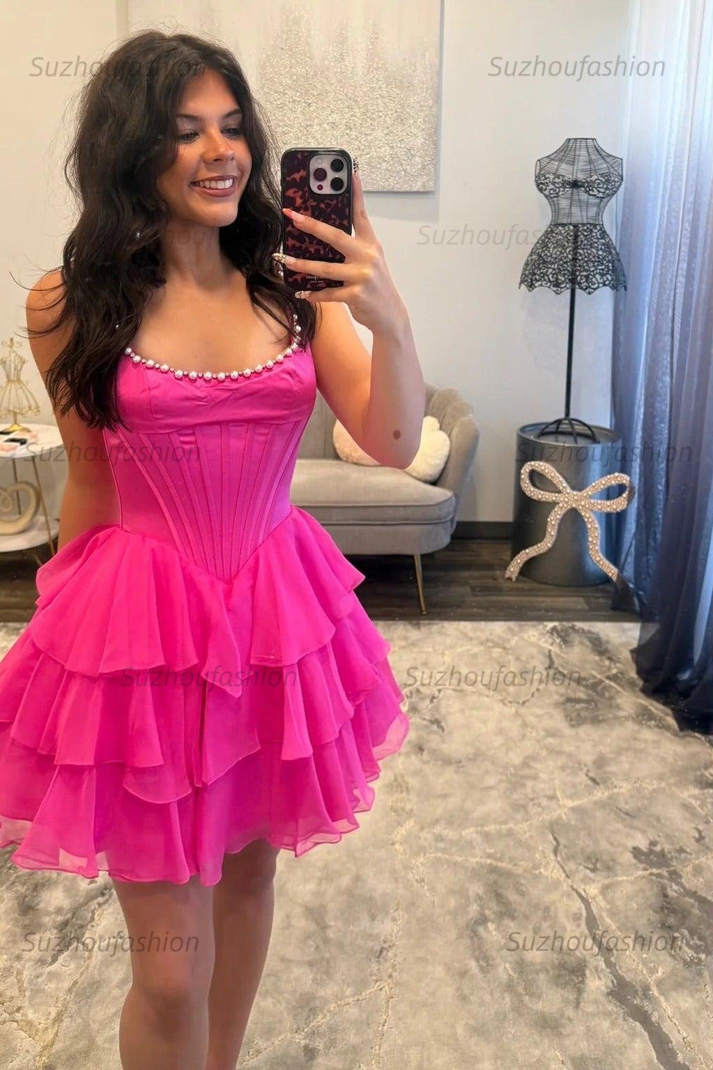 Square Neck Corset Homecoming Dress Tiered Sleeveless Short Party Dress