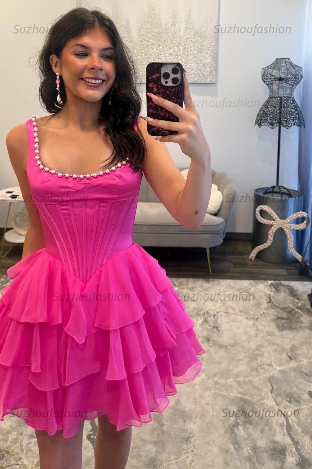 Square Neck Corset Homecoming Dress Tiered Sleeveless Short Party Dress