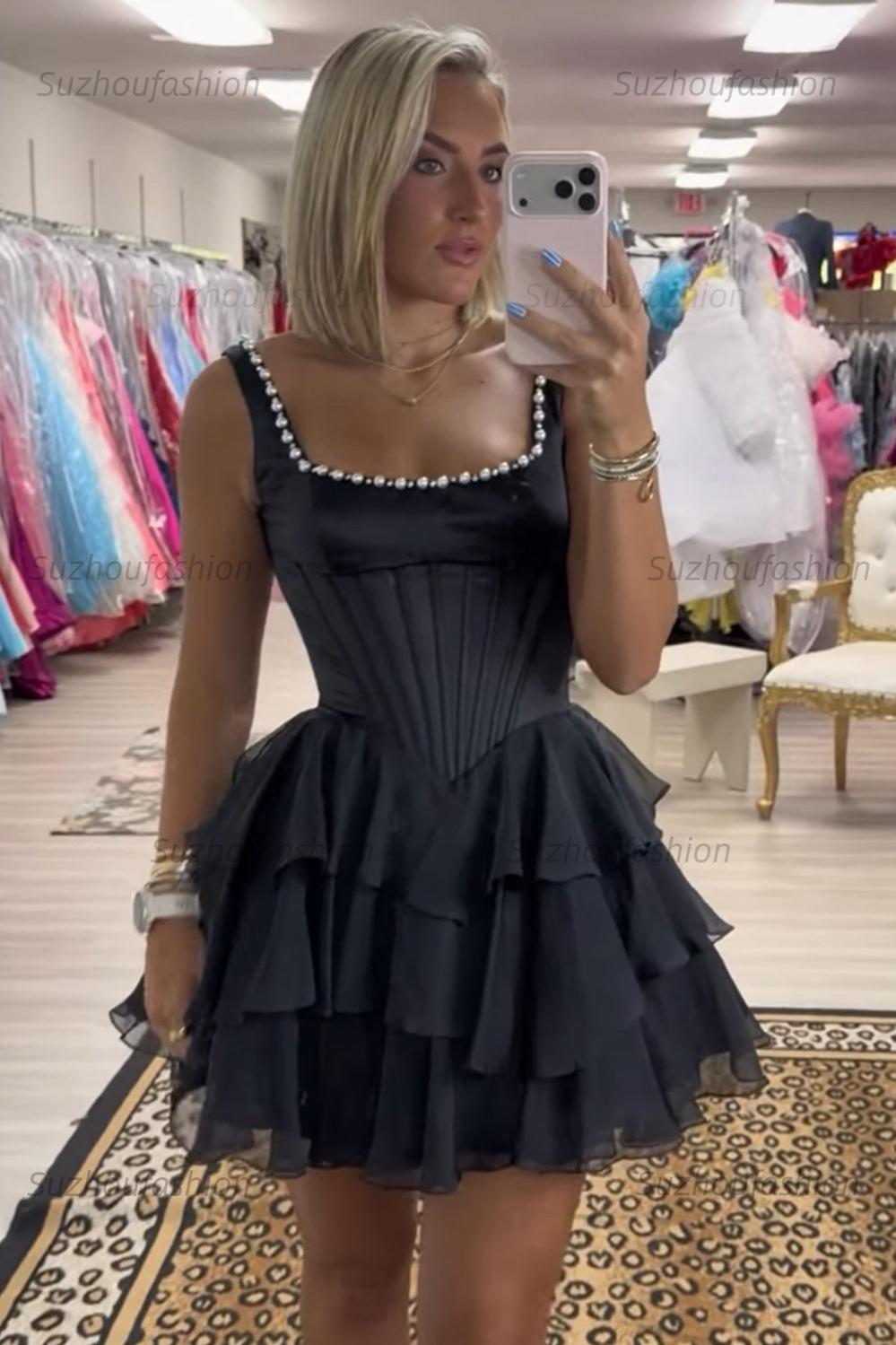 Square Neck Corset Homecoming Dress Tiered Sleeveless Short Party Dress