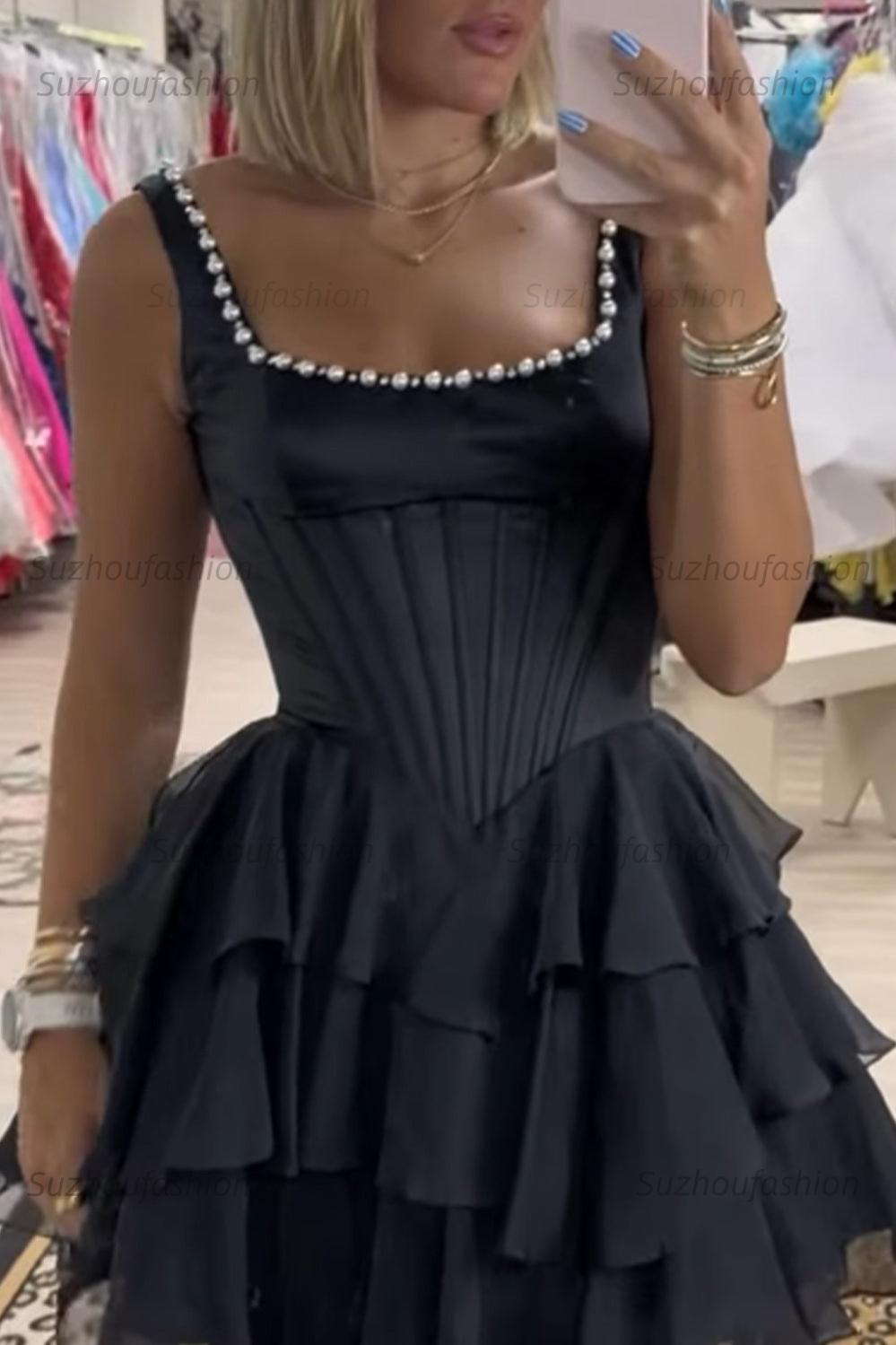 Square Neck Corset Homecoming Dress Tiered Sleeveless Short Party Dress