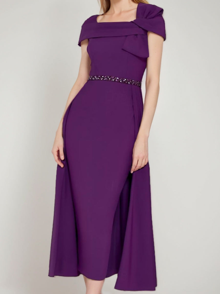 Square Neck Formal Mother of the Bride & Groom Sheath Column Dress with Bow and Belt