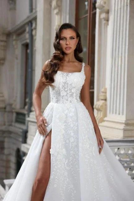 Square Neck High Split A-Line Stain Sleeveless Wedding Dress with Appliques (ZD15717)