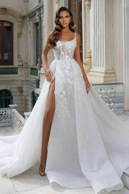 Square Neck High Split A-Line Stain Sleeveless Wedding Dress with Appliques (ZD15717)