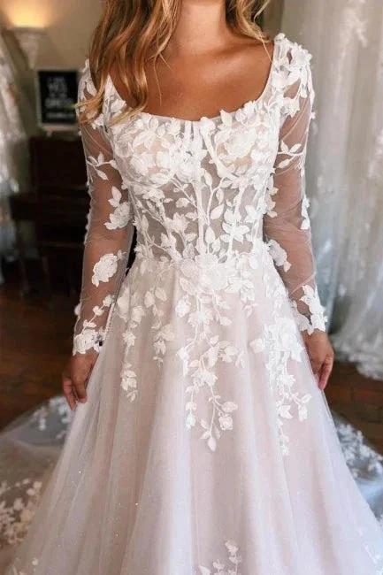 Square Neck Long Sleeves A-Line Lace Wedding Dress (ZD15697)
